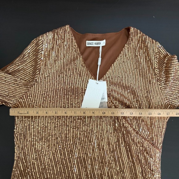 Grace Karin Sequin Top Women Medium Brown Glitter V-Neck 3/4 Sleeve Party Blouse - Picture 9 of 12